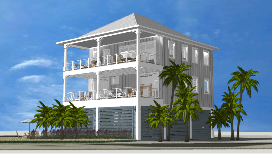 Modern beach or vacation house 3D rendering designed by the architecture firm Born Architects, which serves residential builders in the northwestern Florida area including Port St. Joe, Gulf Breeze, St. George Island, Cape San Blas, Mexico Beach, and