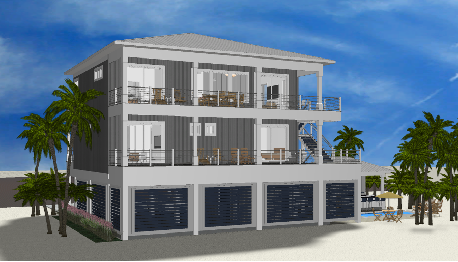 Modern beach or vacation house 3D rendering designed by the architecture firm Born Architects, which serves the northwestern Florida area including Port St. Joe, Gulf Breeze, St. George Island, Cape San Blas, Mexico Beach, and the Emerald Coast.