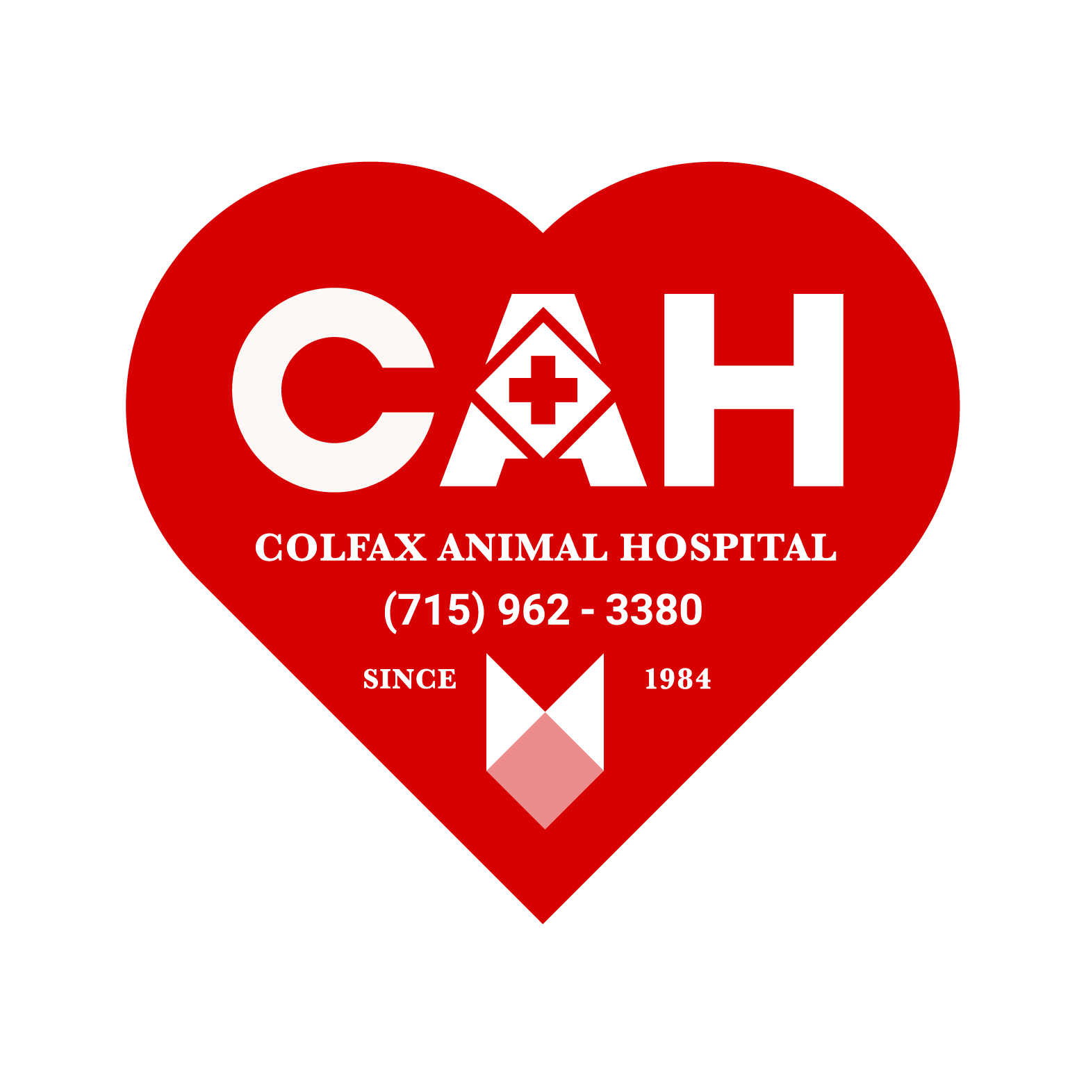 Red heart-shaped logo for Colfax Animal Hospital with white text and a red cross, including the hospital's name, phone number, and since 1984.