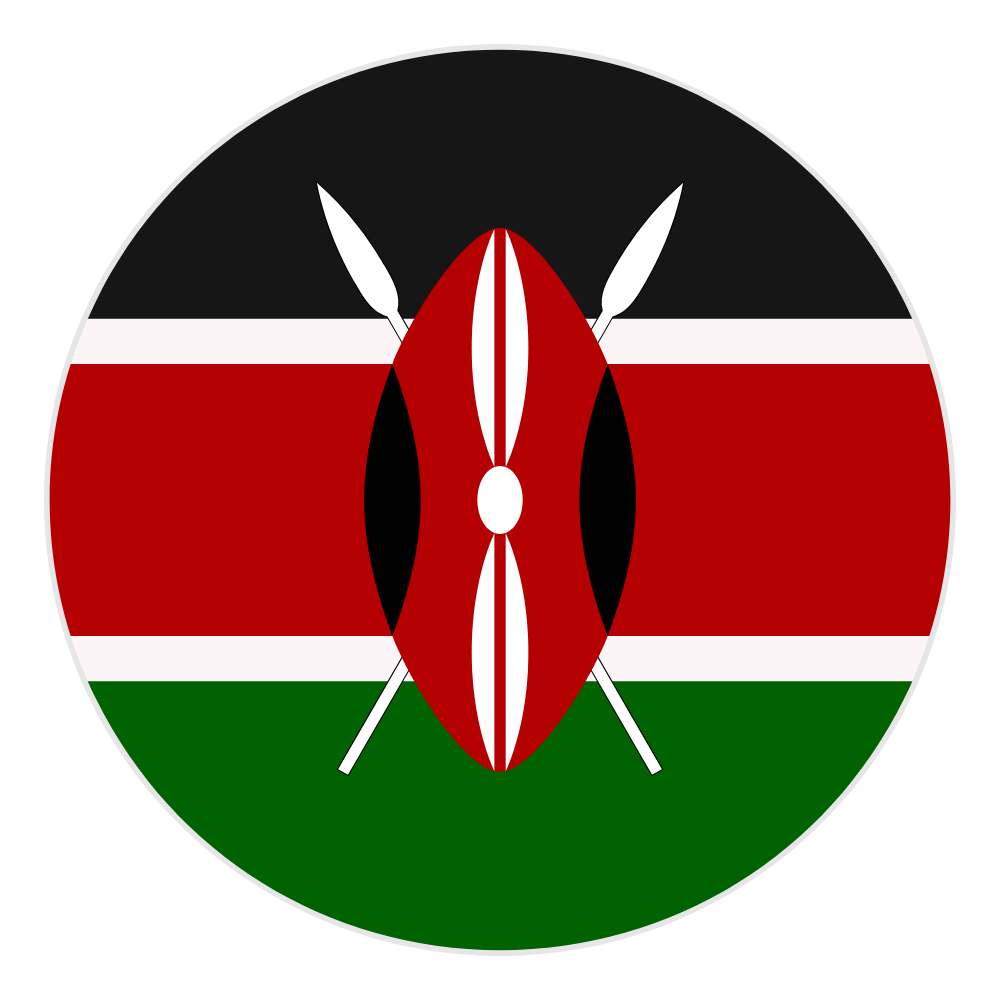 Circular emblem with a black, red, white, and green background, featuring a red and white shield with crossed white spears, resembling a Kenyan flag design.