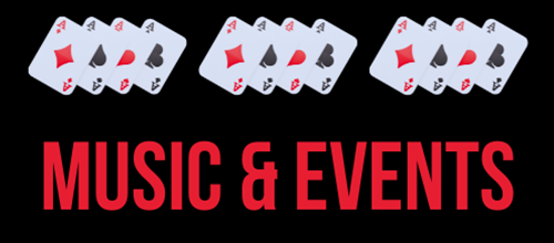 Three sets of four aces each, arranged in a fan shape above the bold red text 'Music & Events' on a black background.