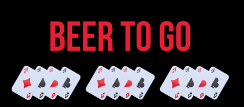 Group of playing cards spread out in three rows below the text 'BEER TO GO' in bold red letters.
