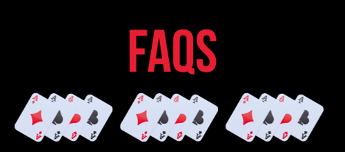 Three sets of playing cards fanned out, with five aces visible, under a black background with red FAQ text above.