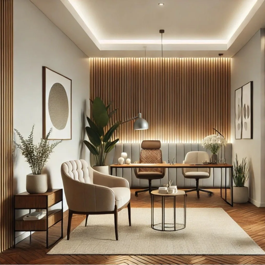 Consult[orio medico elegante com decoração moderna, incluindo poltronas confortáveis, mesa de escritório, luminária de teto, plantas e quadros na parede. O ambiente é bem iluminado e organizado, com detalhes em madeira e tons neutros.
