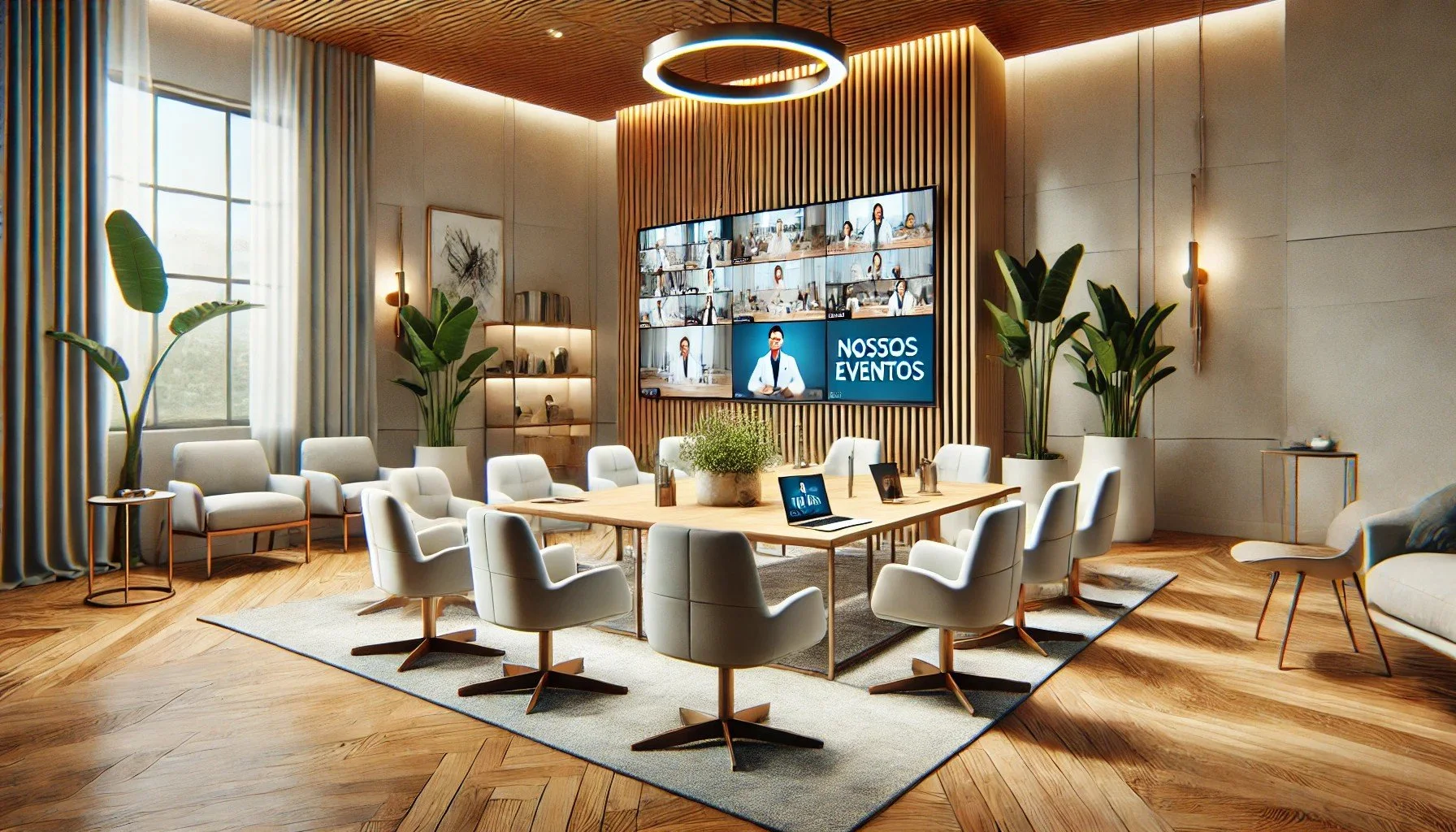 Sala de reunião moderna com cadeiras brancas ao redor de uma mesa retangular de madeira. Tela grande na parede exibindo "Nossos Eventos" com várias videoconferências. Plantas decorativas ao redor e decoração sofisticada.