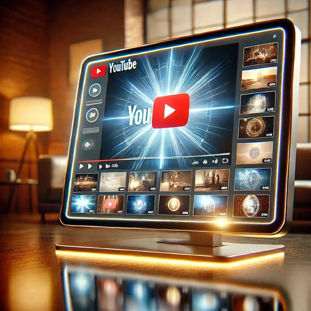 Tela de computador exibindo interface do YouTube, com vídeos na tela inicial em destaque e um ambiente moderno e iluminado ao fundo.