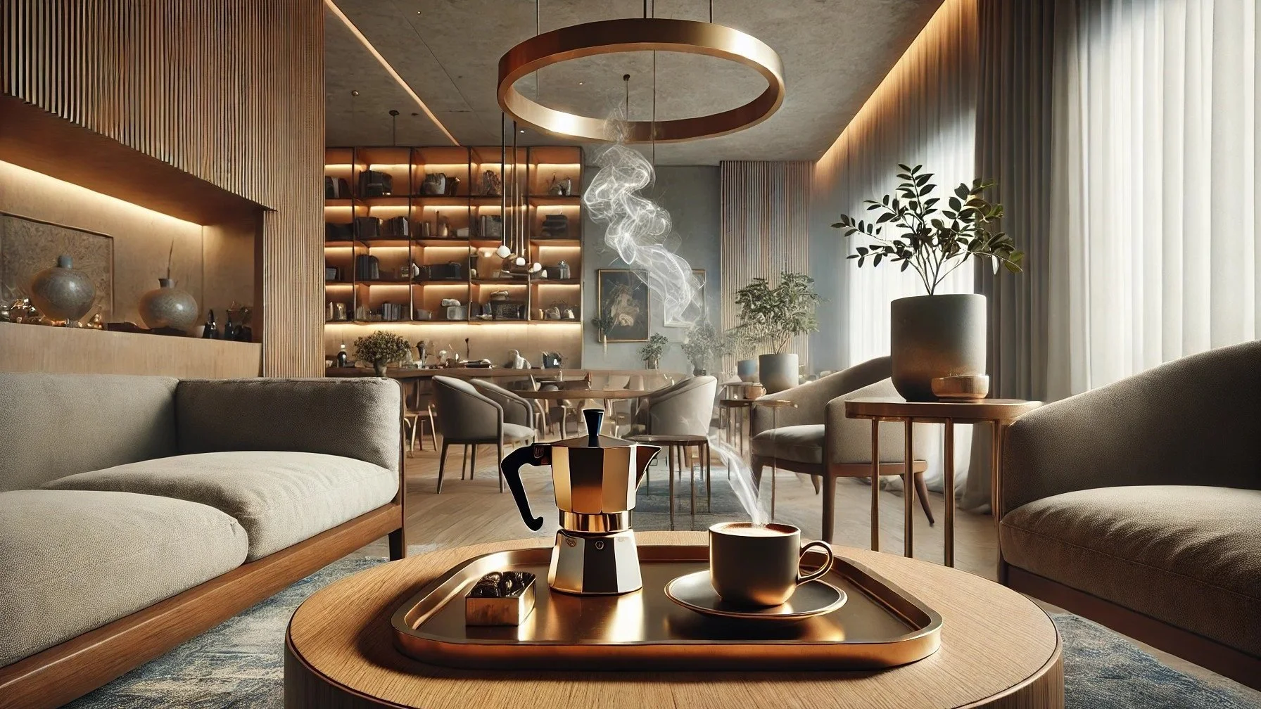 recepcao aconchegante com decoração moderna em tons de madeira clara e dourado. No centro, uma mesa com cafeteira e xícara fumegante. Ao fundo, prateleiras iluminadas e sofás confortáveis. Plantas decorativas estão presentes no ambiente. Saude mental