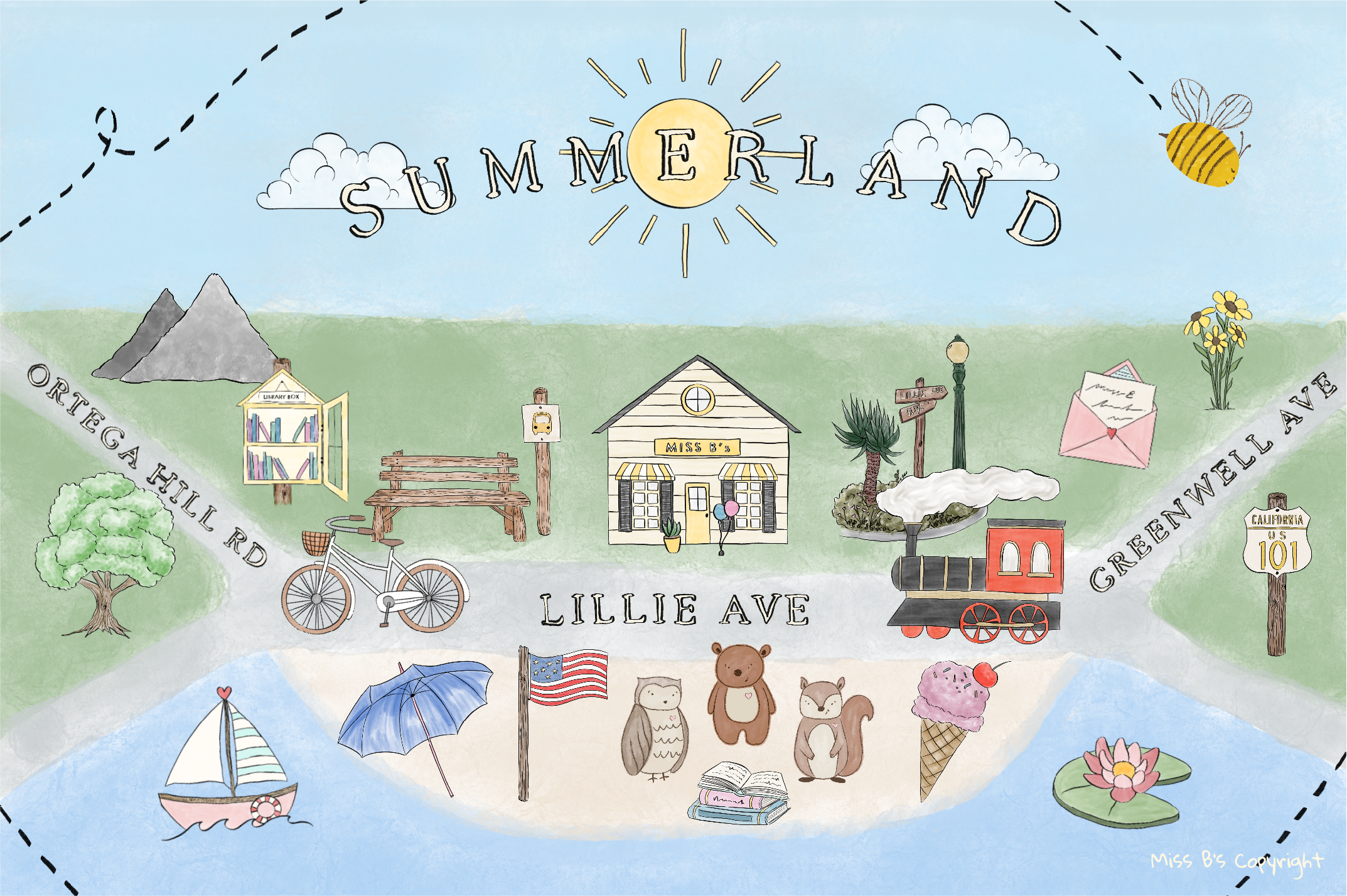 Illustrated map of Summerland, California, home of Miss B's Children's Club