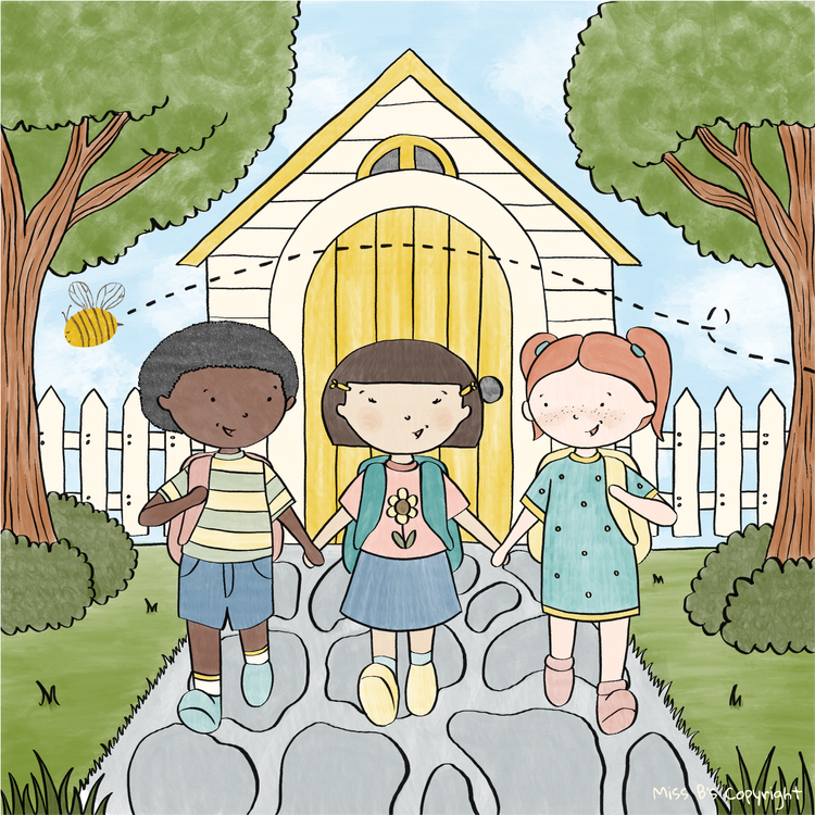 Illustration of three children holding hands on the stone path to Miss B’s yellow door, with a bee flying overhead