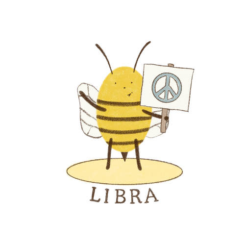 Libra bee holding up a peace sign