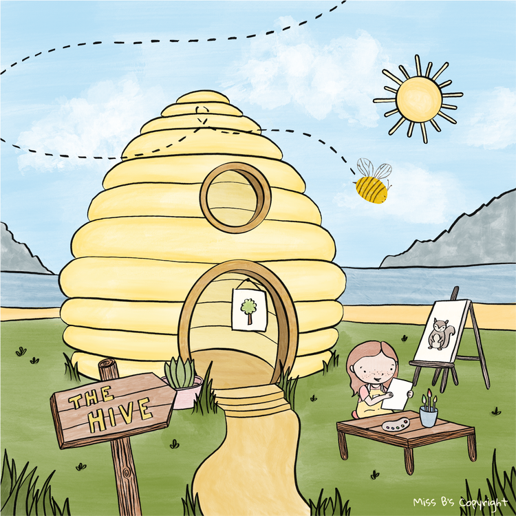 Hand drawn illustration of The Hive at Miss B’s Children’s Club, a beehive playhouse in a sunny garden, with a child painting at an easel