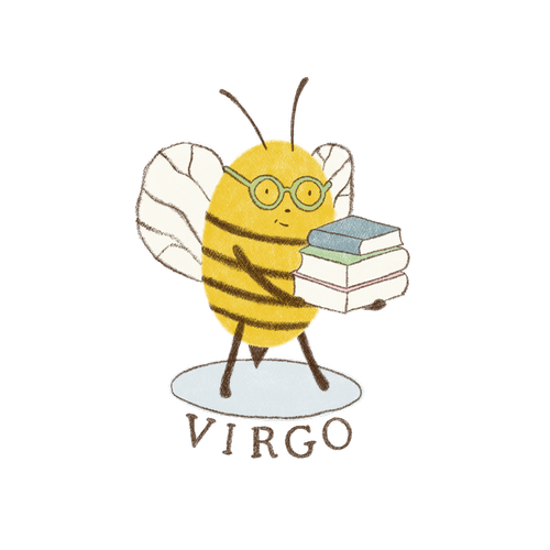 Virgo bee in glasses carrying a stack of books