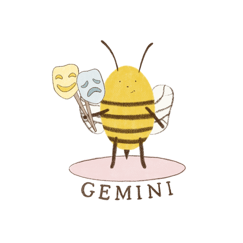 Gemini bee holding two theater masks