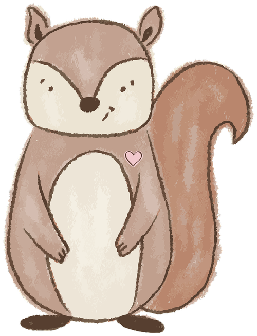 The Miss B’s squirrel, a hand drawn squirrel with a pink heart
