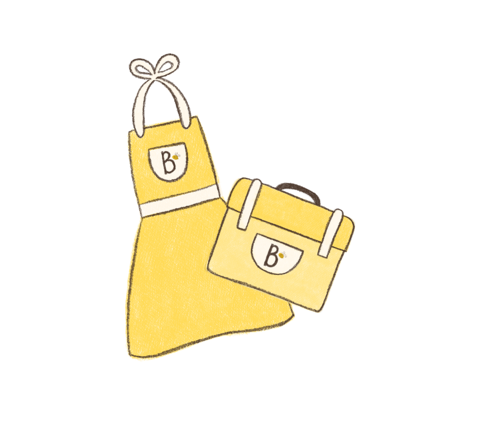 Yellow Miss B's apron and school bag, hand drawn