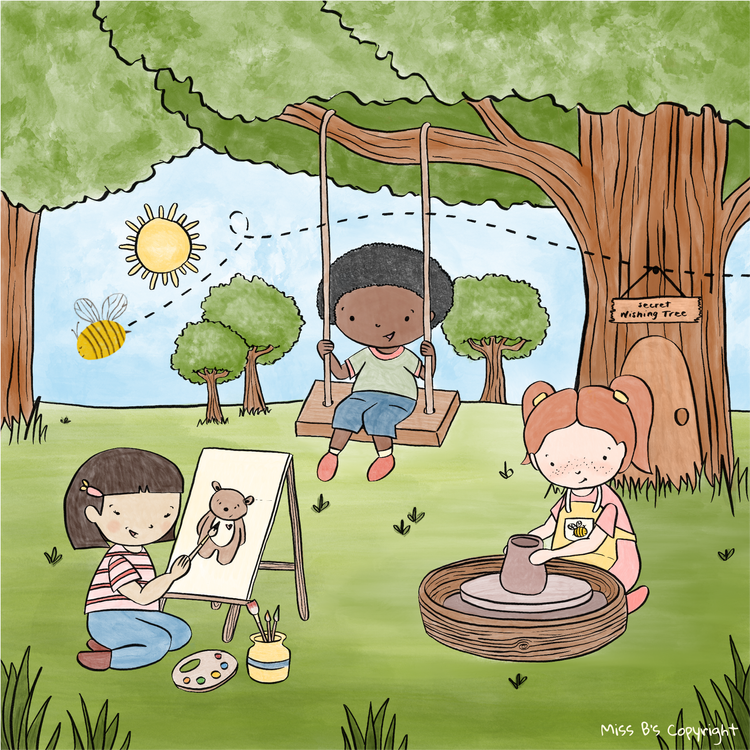 Illustration of children painting at an easel, swinging beneath the secret wishing tree and shaping clay on a pottery wheel