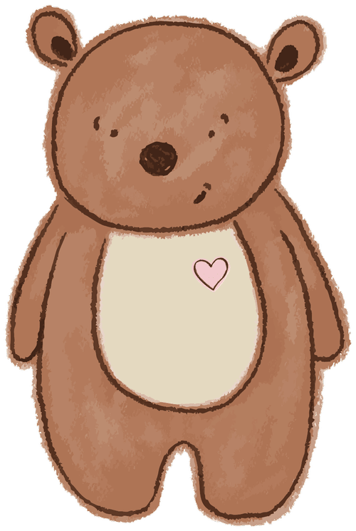 The Miss B’s bear, a hand drawn brown bear with a pink heart