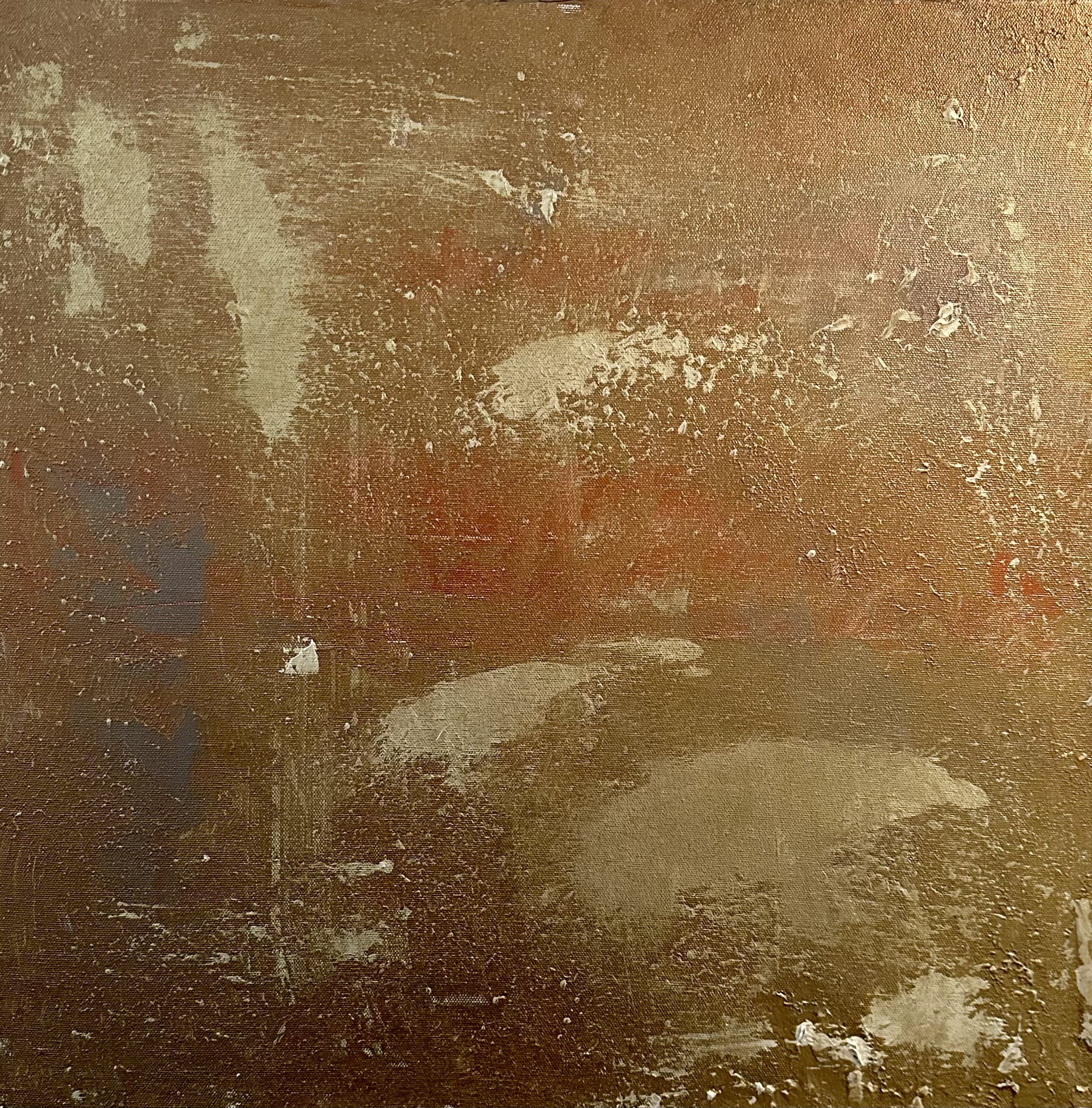 A weathered, rust-colored metal surface with peeling paint and scratches.