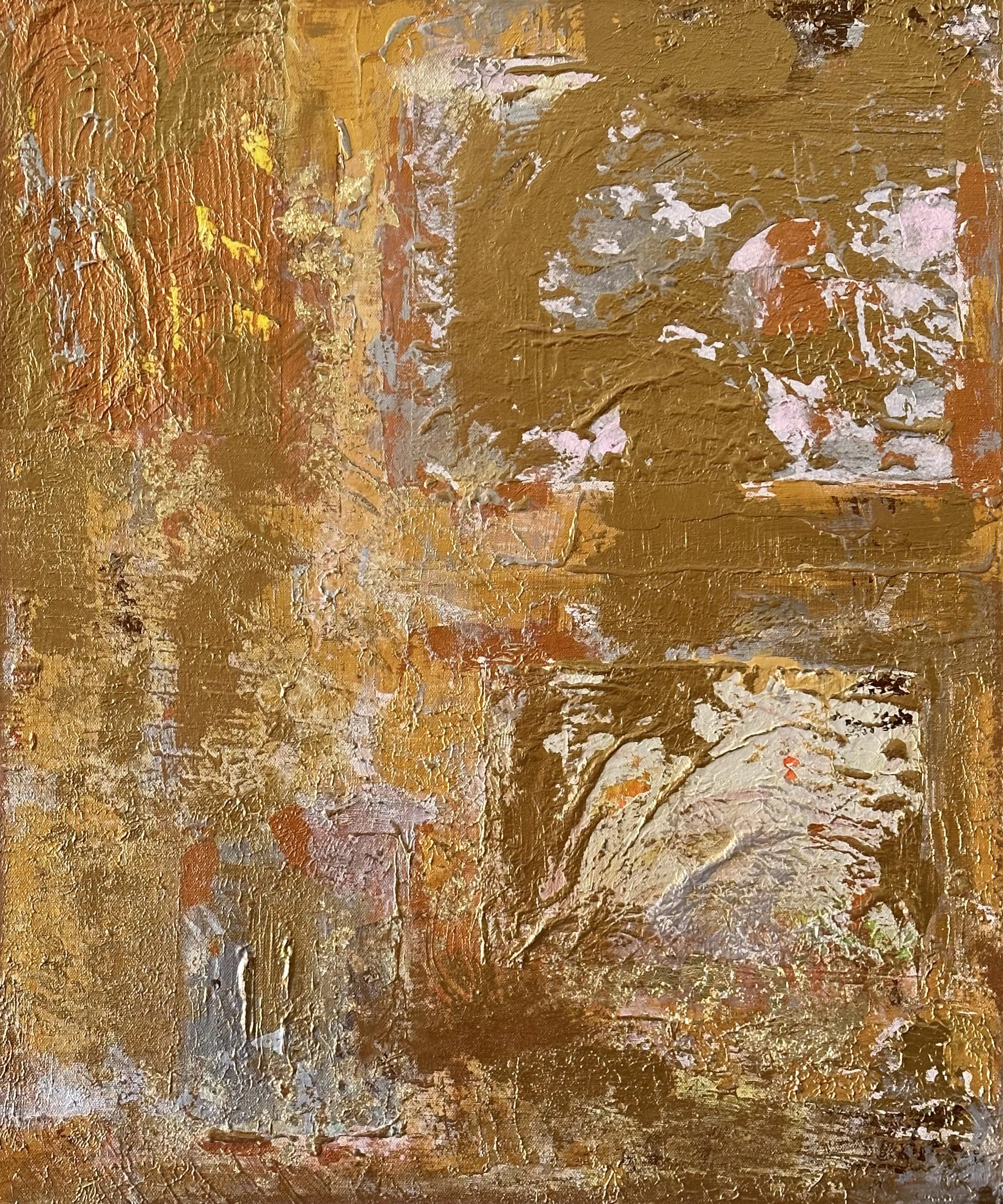 Abstract painting with textured brushstrokes in earthy tones of browns, tans, pinks, and hints of yellow and gray.