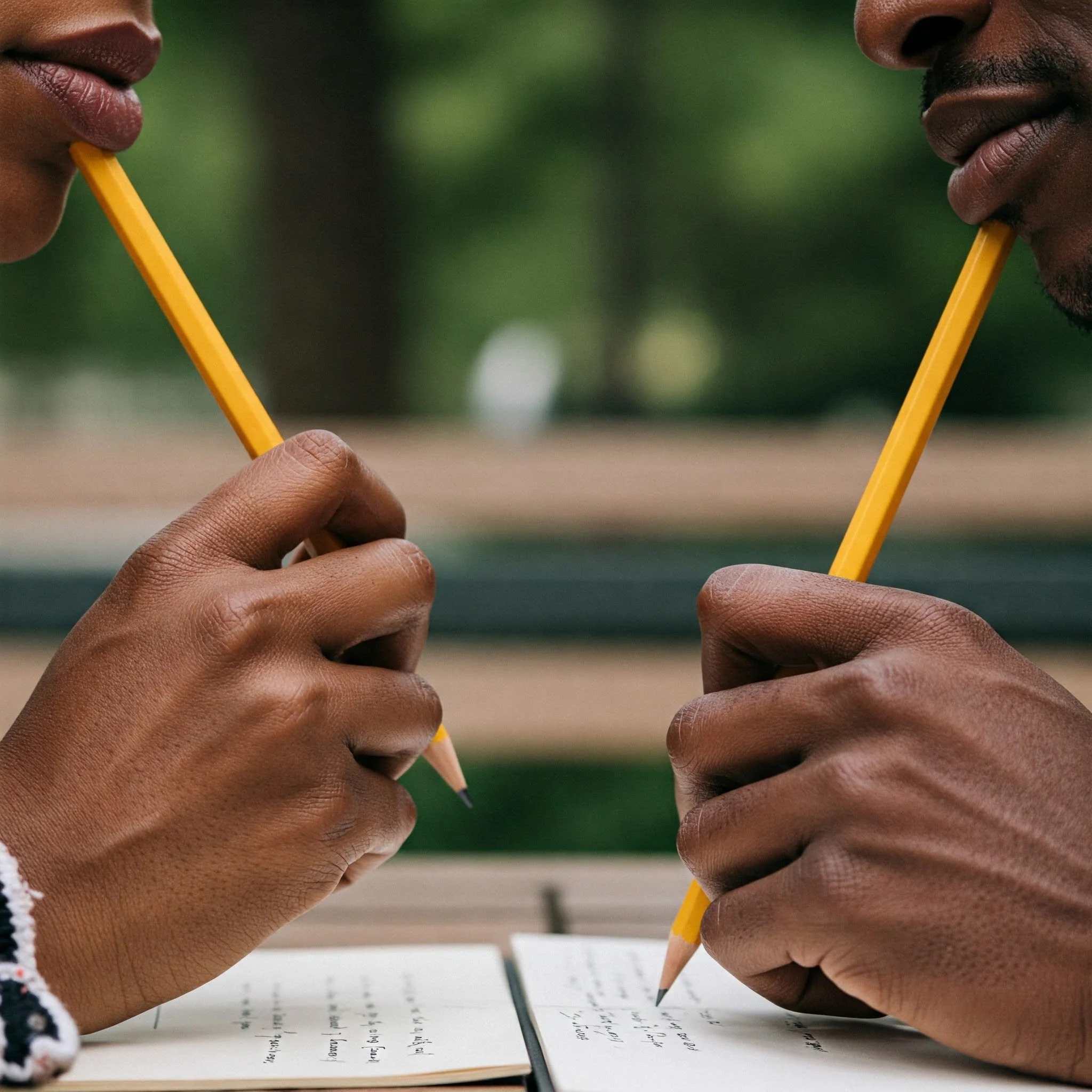 Two people holding yellow pencils, appearing deep in thought, with notebooks on a table outside.
