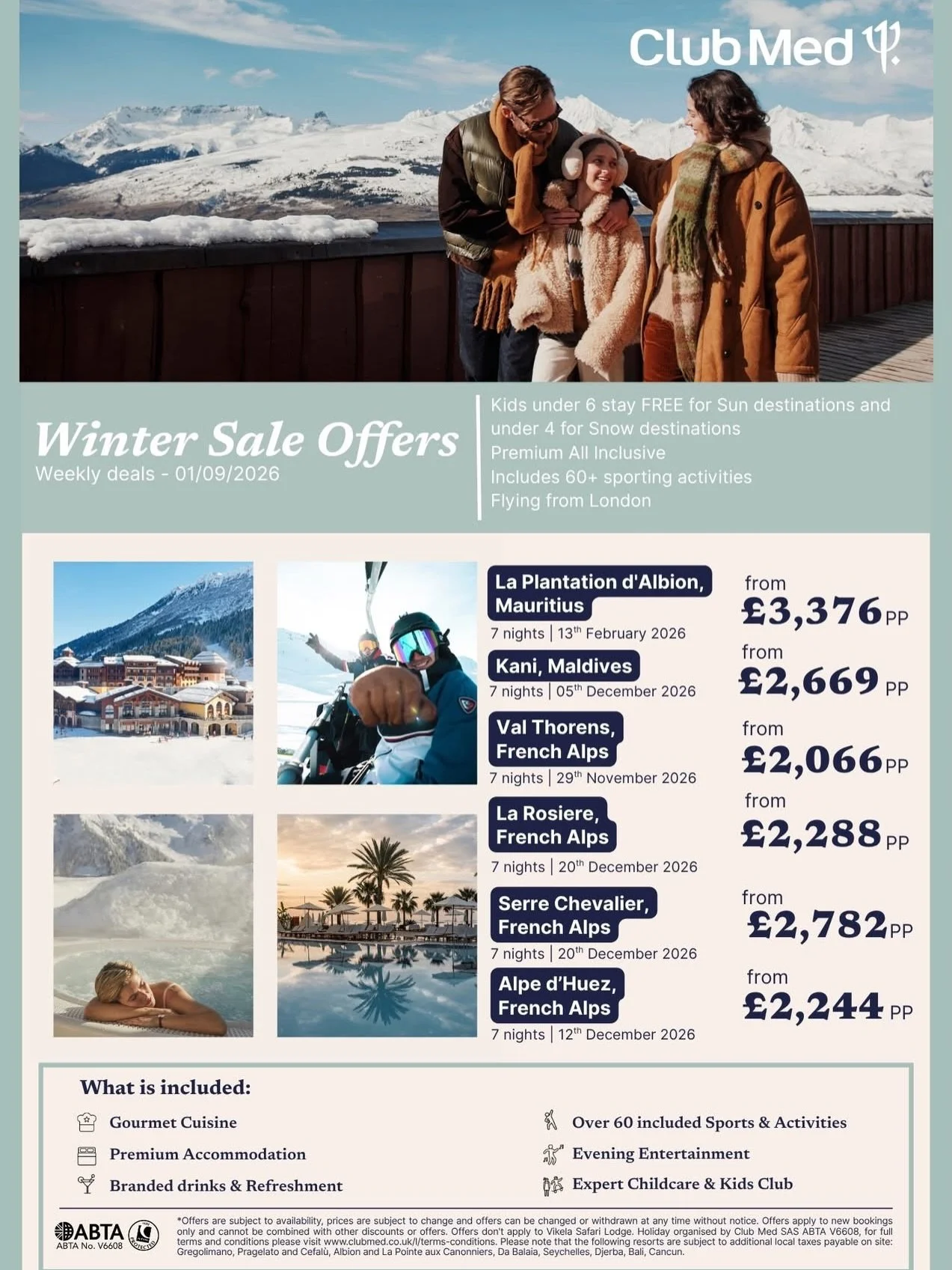 ✈☀️☃️CLUB MED WINTER SALE Weekly Deals ✈☀️☃️

Offers live from 01.09.2026 to 15.09.26 (subject to availability and quotas).

Quested travel is an appointed agent for club med who provides ATOL protected flights and flight inclusive packages ✈️ ABTA N