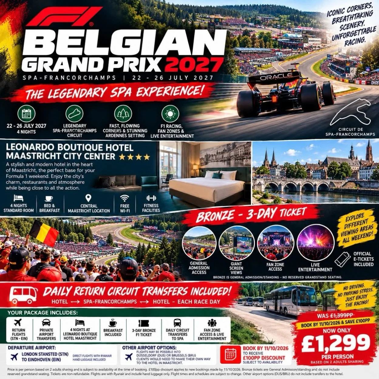 🏎️🇧🇪 BELGIAN GRAND PRIX 2027 &ndash; SPA-FRANCORCHAMPS FROM ONLY &pound;1,299PP! 🇧🇪🏎️
📅 22nd &ndash; 26th July 2027
🌙 4 nights
🏎️ 3-Day Belgian Grand Prix Bronze Ticket
🍳 Breakfast Included
🚐 Airport Transfers Included
🚌 DAILY CIRCUIT TRA