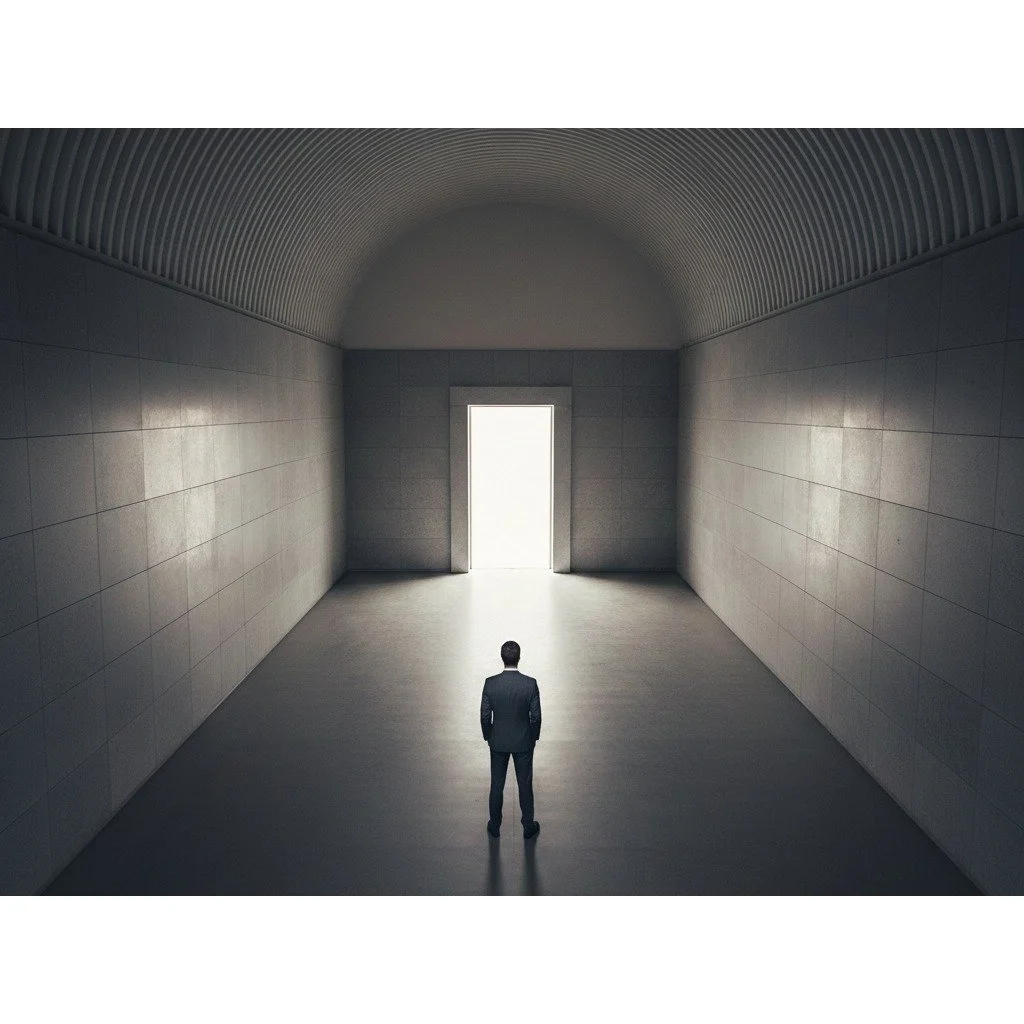 A minimalist architectural corridor with a professional man in a suit facing a bright doorway, representing internal containment and stability during a workplace investigation.