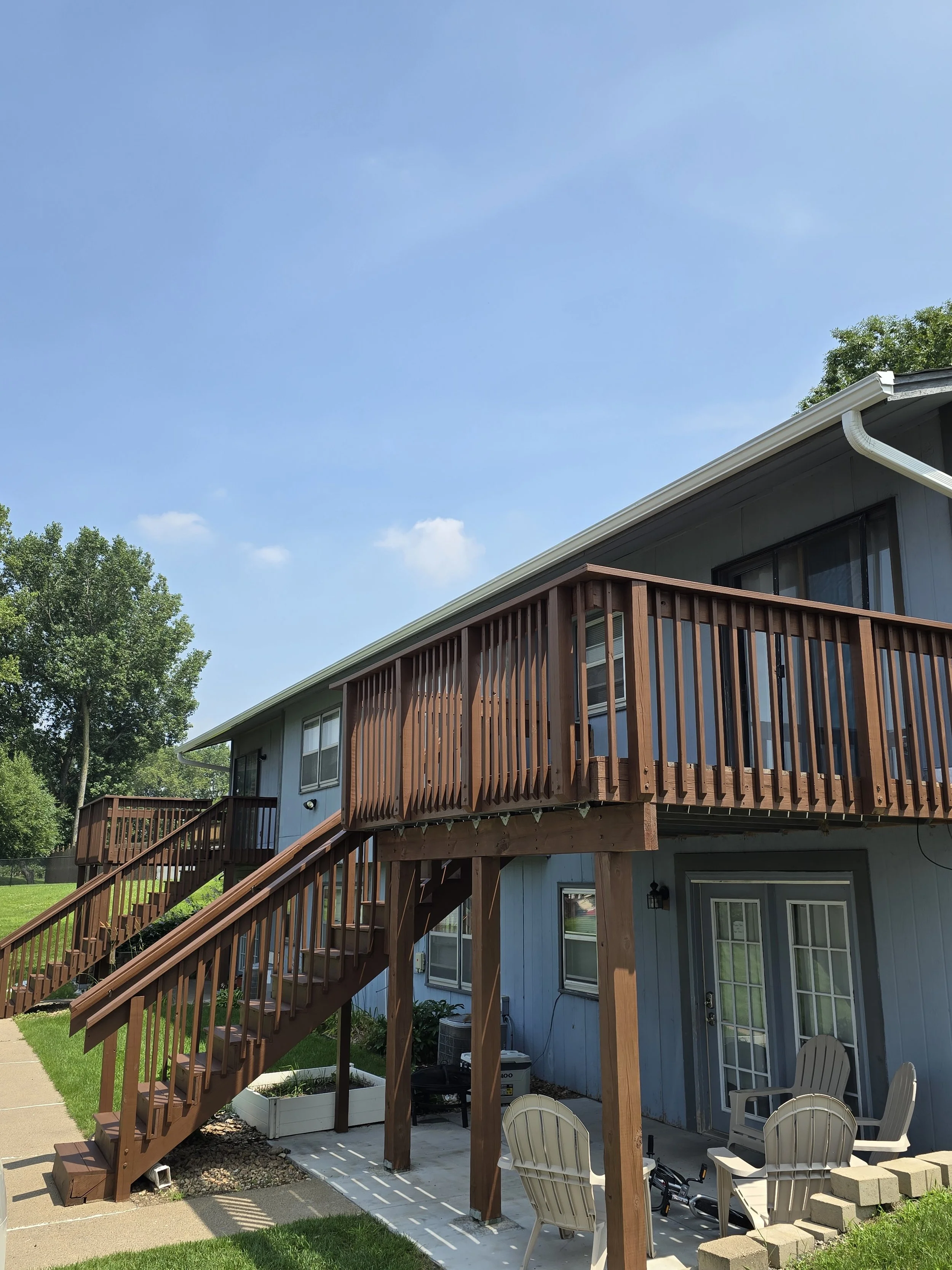 Refreshed multiple housing association decks after professional cleaning and staining, restoring durability and a clean, uniform appearance across the properties.