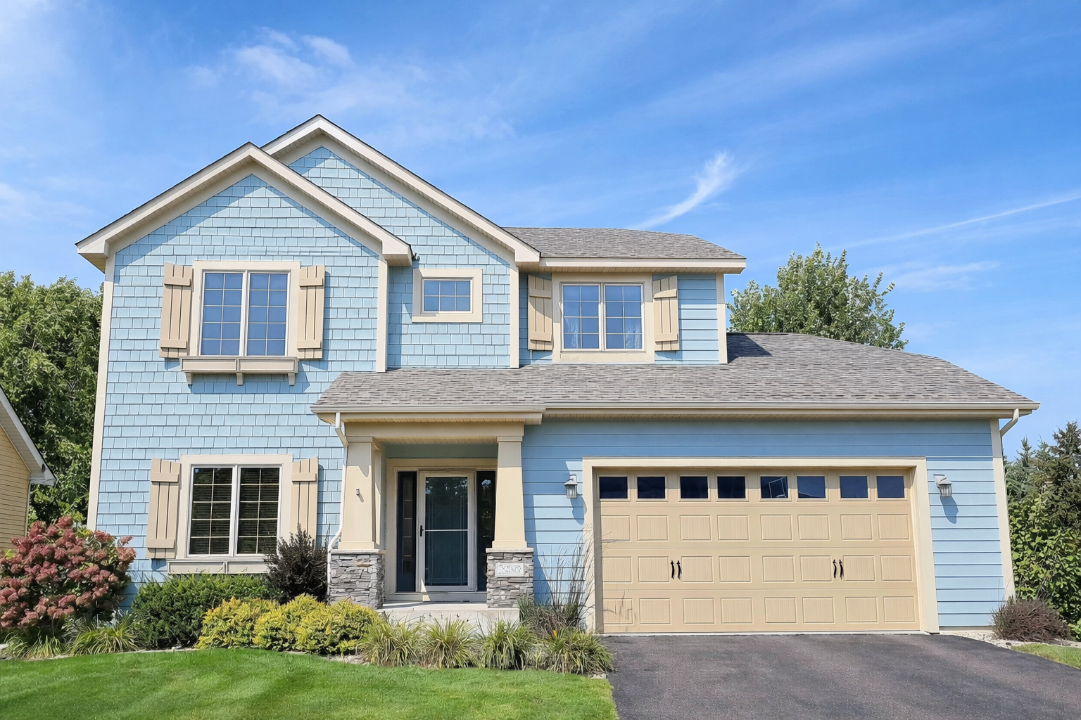 Fresh light blue exterior repaint on a two-story home in Eagan’s Lone Oak area