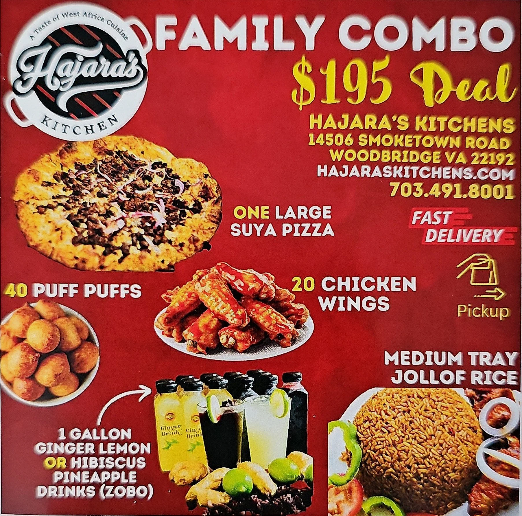 Red advertisement for Hajara's Kitchen offering a family combo deal including one large Suya pizza, 40 puff puffs, 20 chicken wings, medium tray of jollof rice, and drinks, with price and contact information.