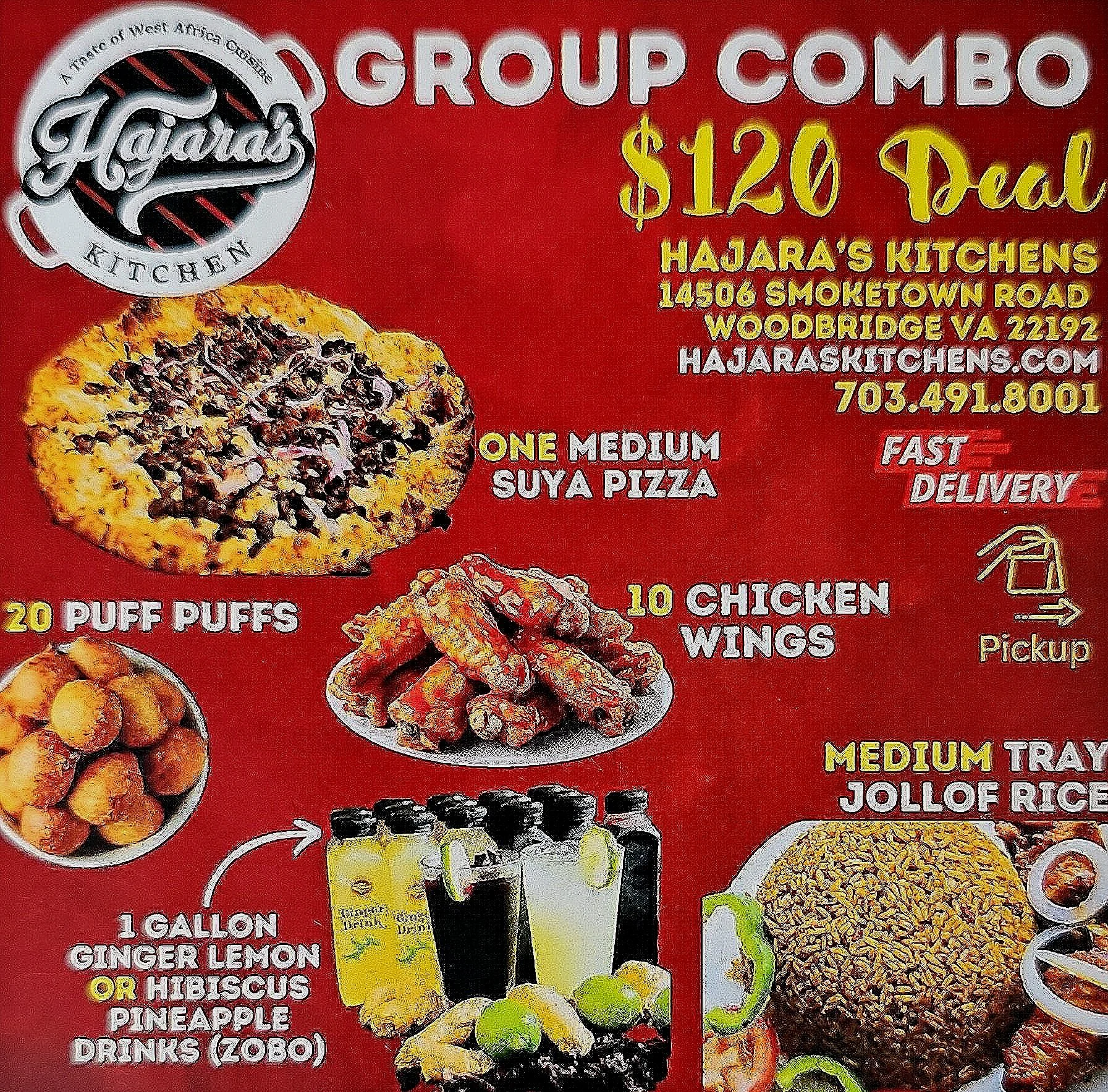 Red menu featuring Hajara's Kitchen, offering a group combo for $120, including one medium Suya pizza, 20 puff puffs, 10 chicken wings, and medium jollof rice. The menu also shows ginger lemon or hibiscus pineapple drinks and has the restaurant's add