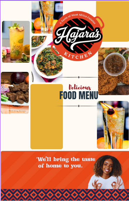 Hajara's Kitchen food menu featuring dishes and drinks, including smoothies, traditional African dishes, and beverages, with a smiling woman making an 'okay' gesture.