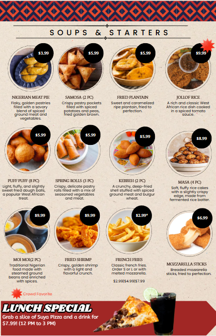 Hajara's Kitchen food menu of various soups and starters with images and prices, including Nigerian meat pie, samosa, fried plantain, Jollof rice, puff puff, spring rolls, kebbeh, masa, Moi Moi, fried shrimp, French fries, and mozzarella sticks.