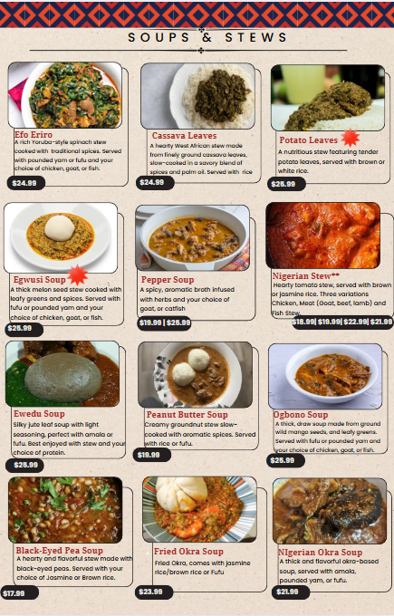 Menu of soups and stews with images and prices, including Efo Eriro, Cassava Leaves, Potato Leaves, Egwusi Soup, Pepper Soup, Nigerian Stew, Ewedu Soup, Peanut Butter Soup, Ogbono Soup, Black-Eyed Pea Soup, Fried Okra Soup, and Nigerian Okra Soup.