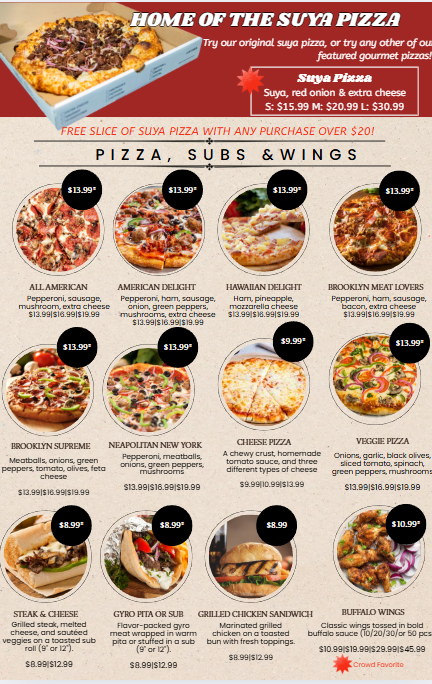 Hajara's Kitchen food menu featuring various pizza options including American, Hawaiian, Brooklyn, Neapolitan, veggie, and specialty pizzas priced between $8.99 and $13.99. Also includes subs, wings, and a steak & cheese dish.