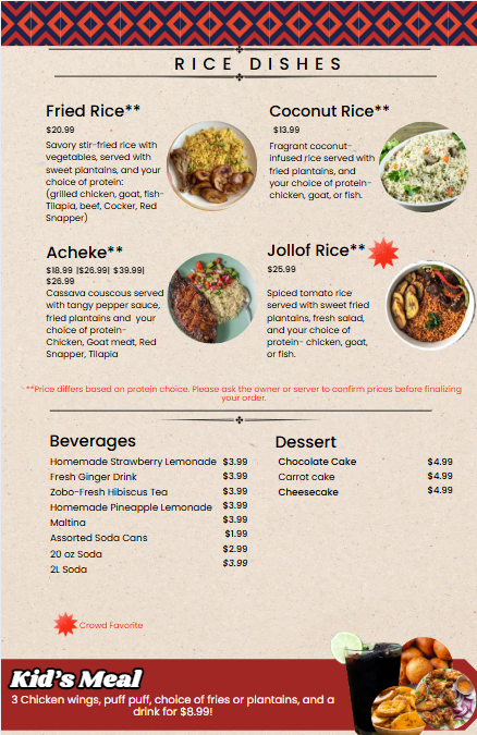 Menu page featuring rice dishes, drinks, desserts, and kid's meal options. Rice dishes include fried rice, coconut rice, asheke, and jollof rice, with images of each dish. Beverages listed are various sodas, homemade lemonade, and tea. Desserts inclu