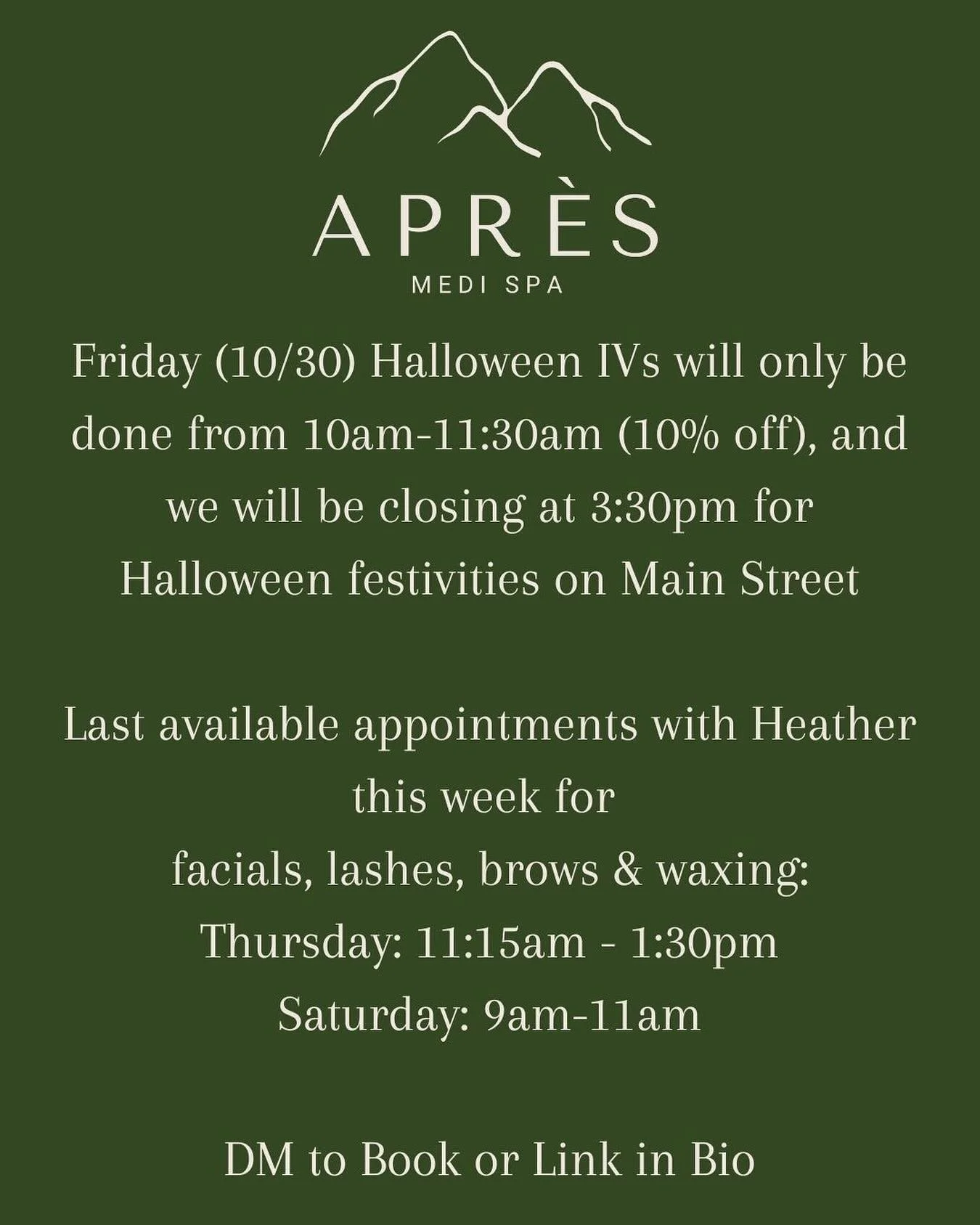 We have some adjustments to the schedule the week for Halloween! If you can&rsquo;t book through the system, feel free to DM. Thanks ;)
