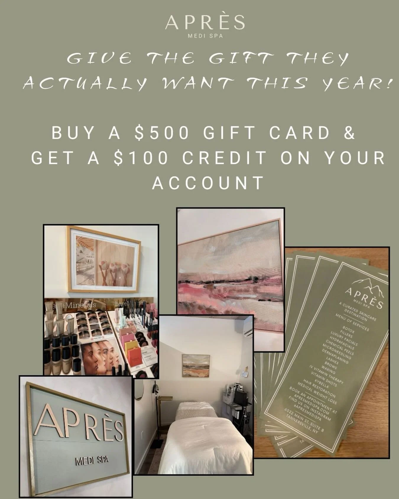 December Gift Card Special! Buy a gift card for someone you love and receive a credit on us - for you or your loved one. $500 gift card = $100 on credit (limit 1/person). Happy holidays from your friends at Apr&egrave;s! Xox 🎄🎁❤️

#apresmedispa #ca
