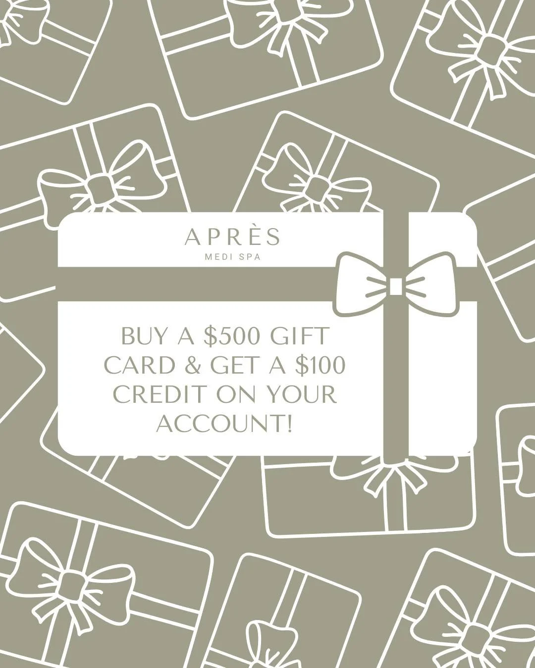Experience the art of giving at Apr&egrave;s Medi Spa. This season, when you purchase a $500 gift card, we&rsquo;ll elevate your glow with a $100 credit added directly to your account ✨

A gift of beauty, a reward of luxury &mdash; because you deserv