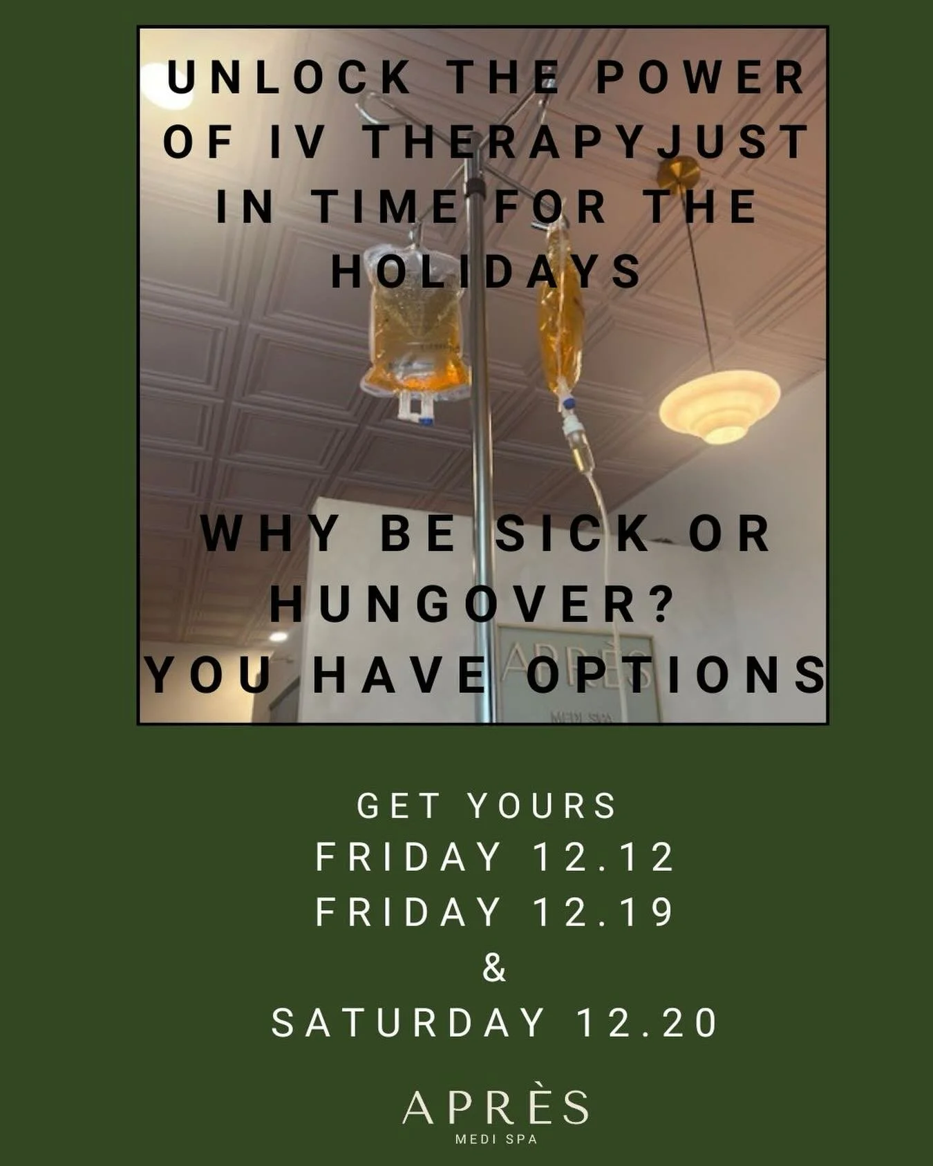 Cold weather and holiday festivities wearing down your Christmas Cheer? Come get replenished with a customized Vitamin IV hydration &amp; Immunity boost! You&rsquo;ll be so happy you did&hellip;