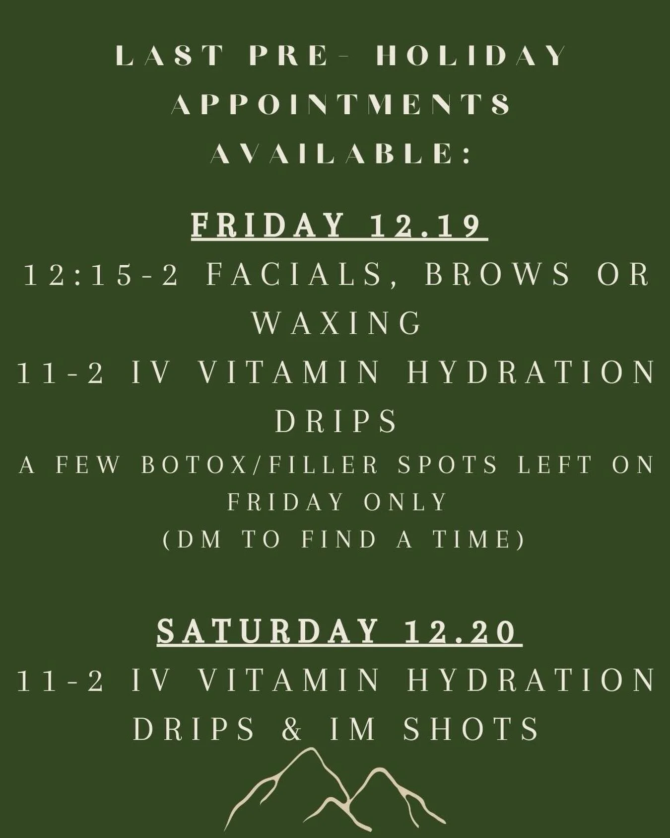 Only a few pre-holiday spots left! Next week is all booked up so grab your Friday &amp; Saturday slots while you can! Book yours now or DM to find a time. 🎄🍾😘