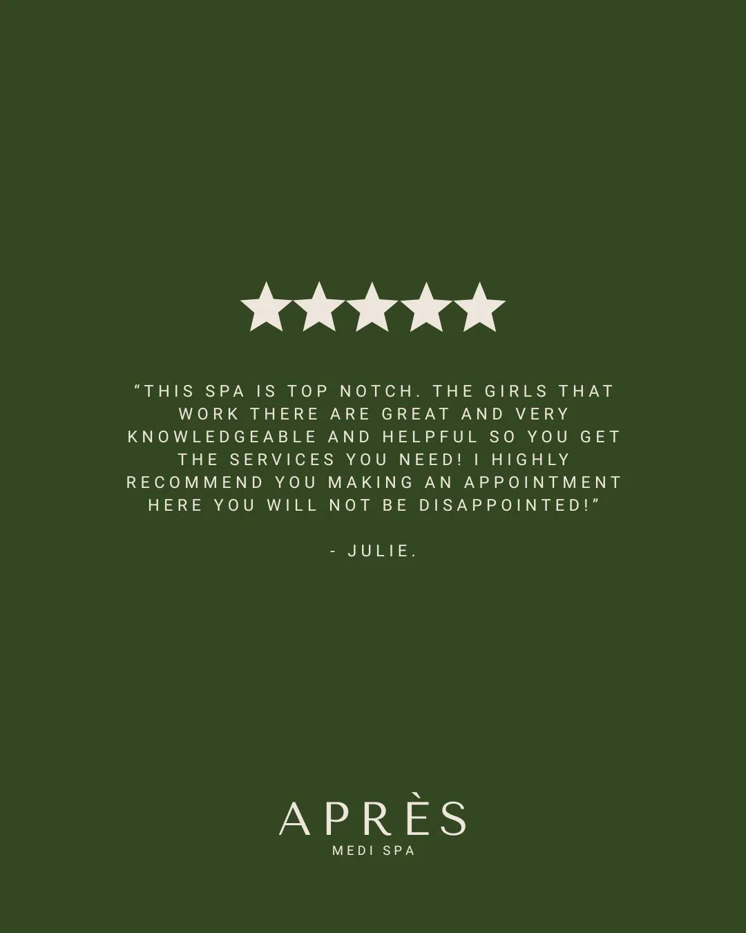 Five stars and words that mean the world to us. ✨
At Apr&egrave;s Medi Spa, personalized care and expert guidance are at the heart of everything we do. Thank you, Julie, for trusting us with your skin and wellness journey.

Ready to experience it for