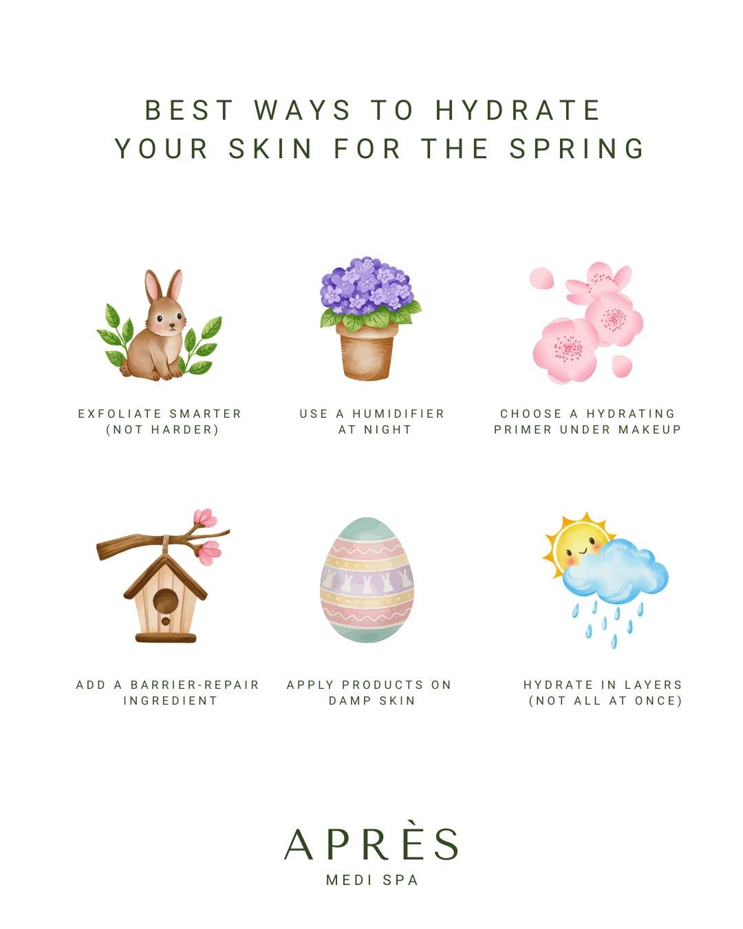 Spring skin needs extra hydration 🌸
Hydrate in layers, apply products on damp skin, and protect your barrier for a healthy glow all season long.

#apresmedispa #catskillNY #apresway #NY  #healthyglow #springskin #springday #hydration #products #spri