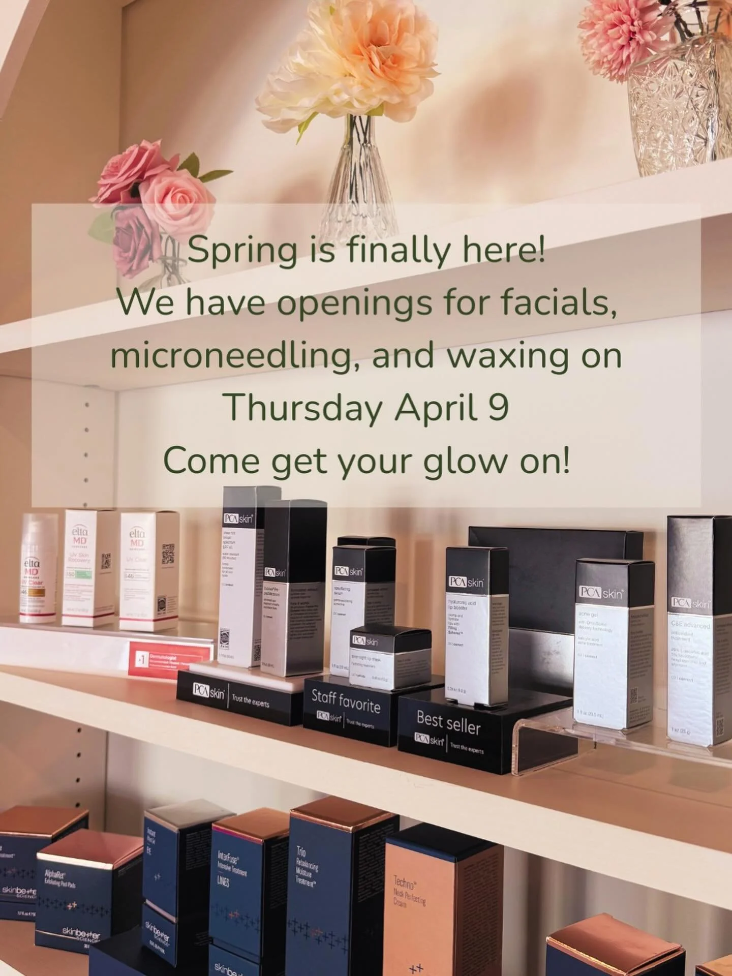 Spring is here, and we are so thankful for the return of sunshine 🌞🌷! This Thursday, April 9, we have availability for facials, waxing, or microneedling! Reserve your spot soon; they&rsquo;re sure to fill up fast!
#SpringVibes #SelfCare #BeautyBook