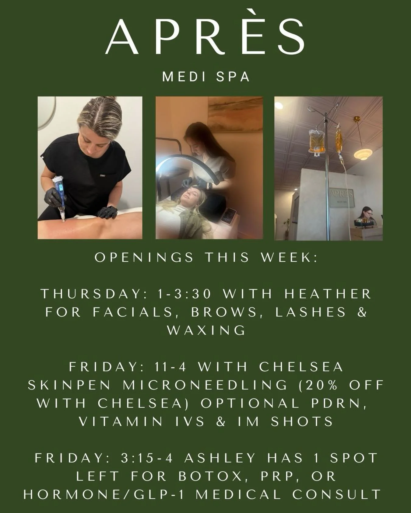 See our available appointments for this week (5/17-23) and DM to book (also link in bio). 

Come take advantage of our May promos including 20% off facials with Heather and Microneedling when you book on Friday with Chelsea ;) 

Be sure to mention th