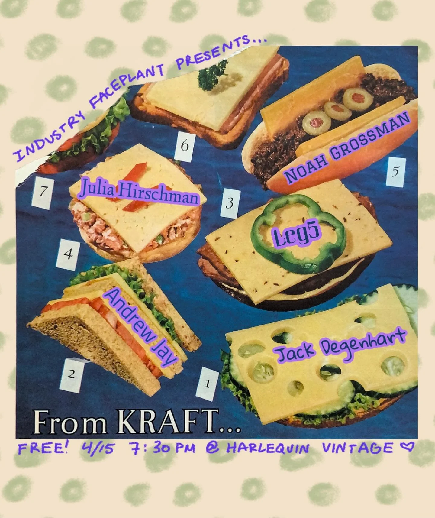 Our next reading event is 🔛 for 4/15 at @harlequinvintageny featuring Jack Degenhart, Noah Grossman, Julia Hirschman, Andrew Jay, and Leg5! Don&rsquo;t miss it 🥪 RSVP through the link in our bio 🧀