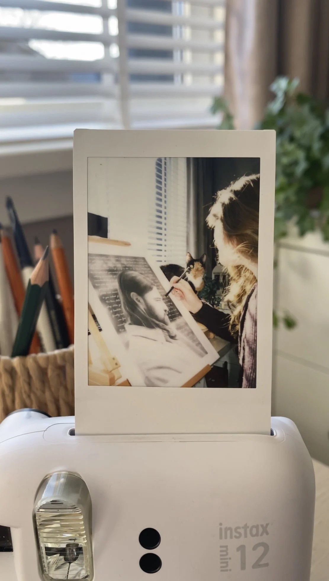 A photo of a photo frame with a picture of a woman drawing a woman on a blackboard, with a cat sitting on the edge of the photo frame, and a blurred bookshelf in the background.