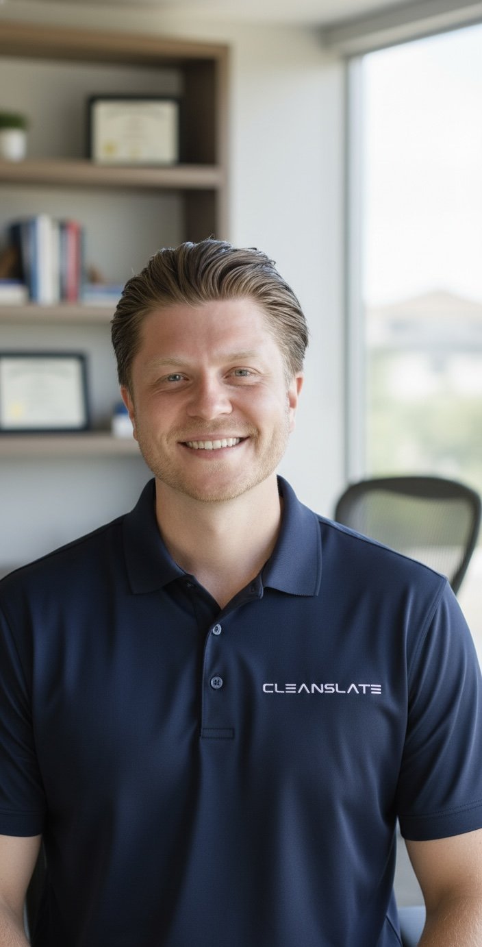 A smiling man with light skin and brown hair in a professional office setting, wearing a dark blue polo shirt with the logo 'CLEANSLATE' on it, sitting at a desk with a blurred bookshelf and window in the background.