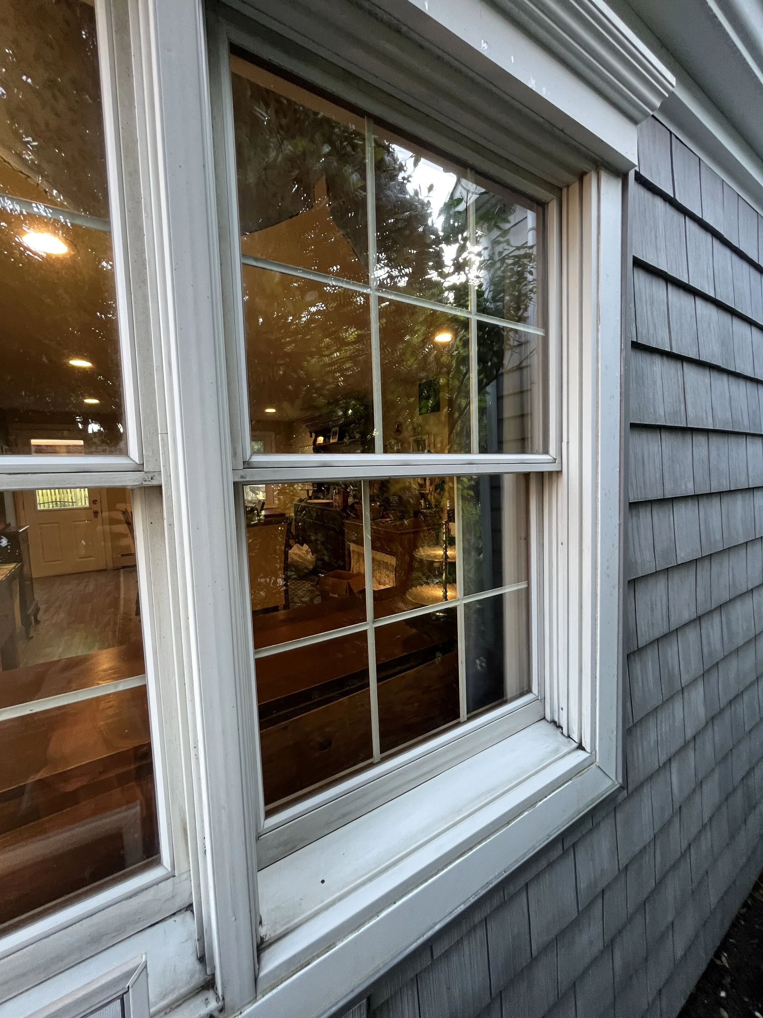 A house window with multiple panes, showing a reflection of trees and lights inside the house. The exterior has gray wooden siding.