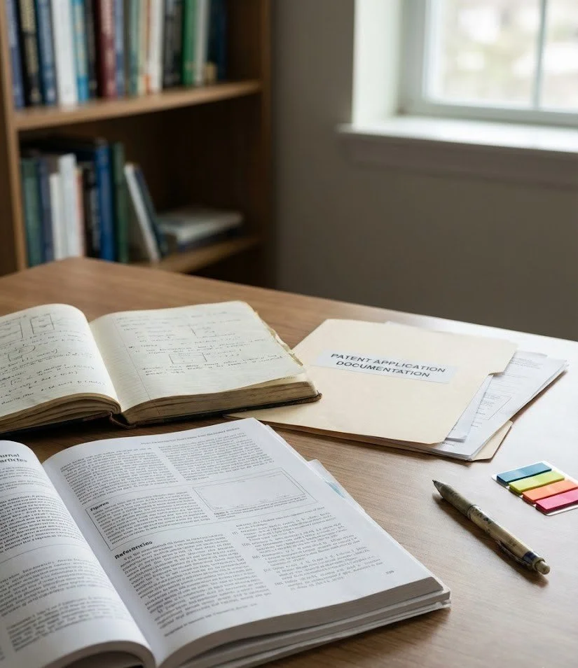 A wooden desk with an open handbook, a stack of papers labeled "Patent Application Documentation," a pen, and sticky notes, with a bookshelf and window in the background.